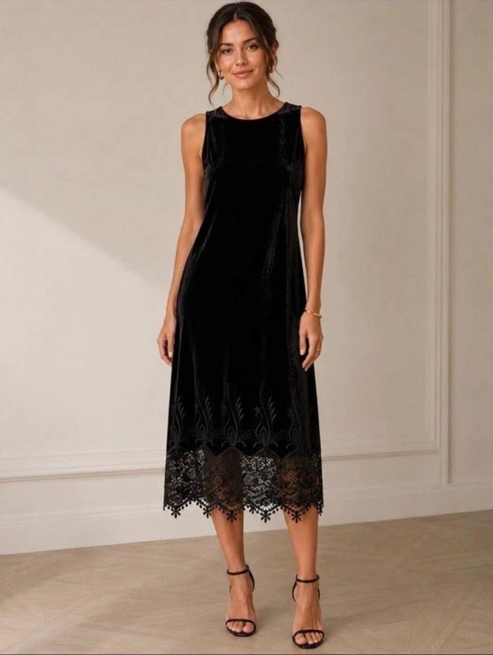 Anne Klein Black Velvet Sleeveless Lace Hem Whimsigoth Dress Size Large
